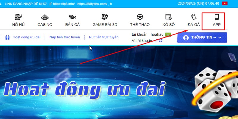 Chọn tải app trên màn hình trang chủ Tp88